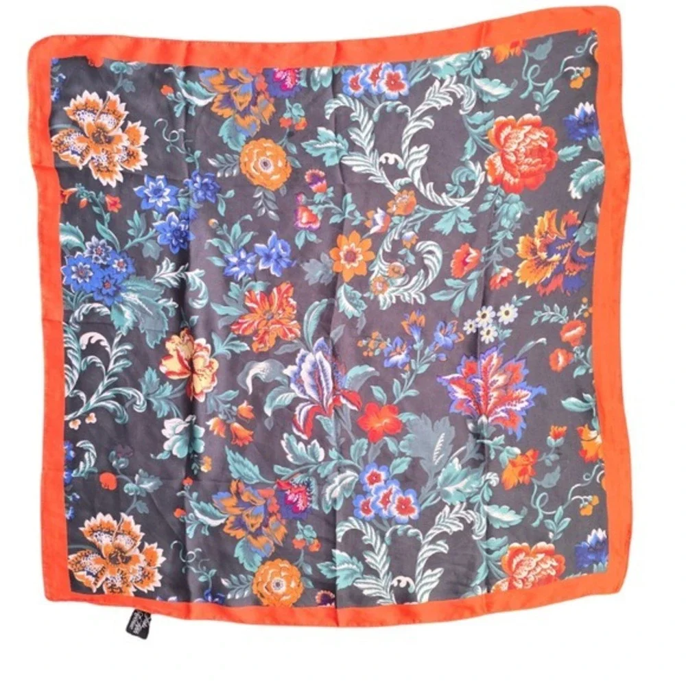 Saks Fifth‎ Avenue Floral Silk Scarf Orange Border Square Headscarf